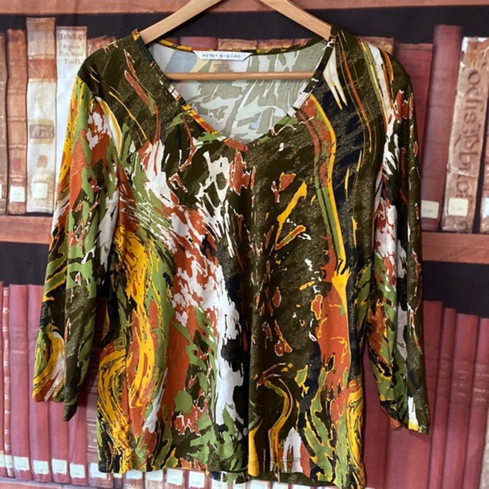 Peter Nygard Abstract Shimmer Top M Gold Metallic Blouse